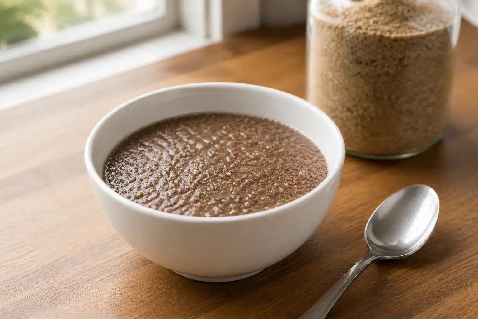 white bowl with thick flaxseed gel on wooden counter, spoon beside it, glass jar of ground flaxseed in background