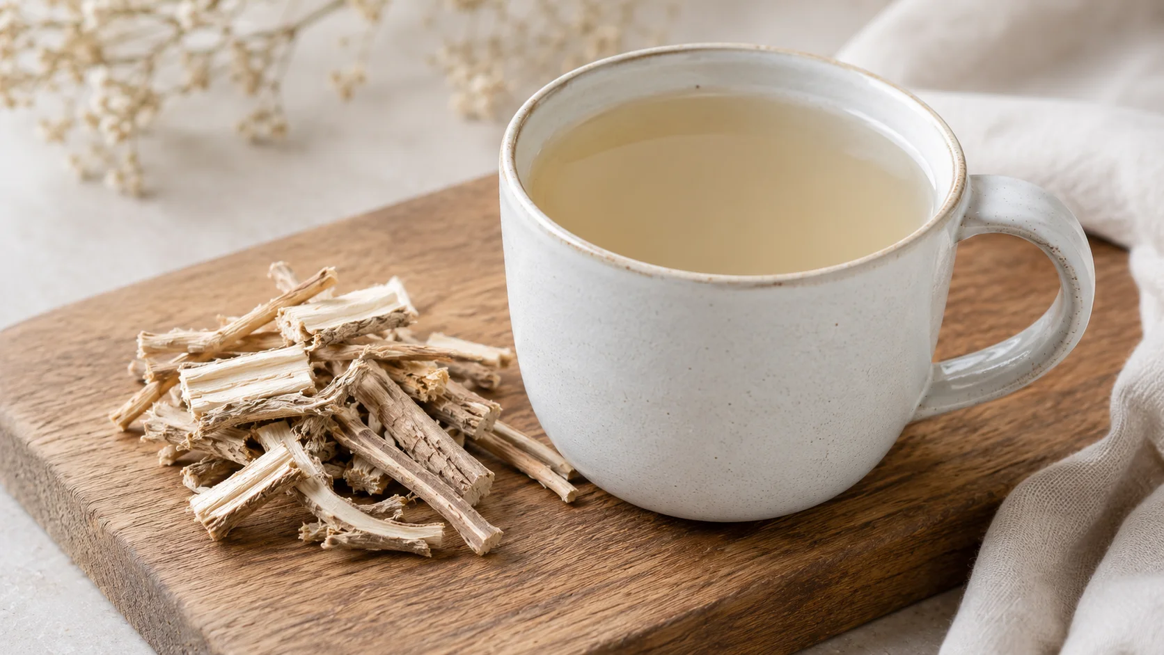 white mug of marshmallow root tea beside dried marshmallow root pieces on wooden board with soft natural lighting