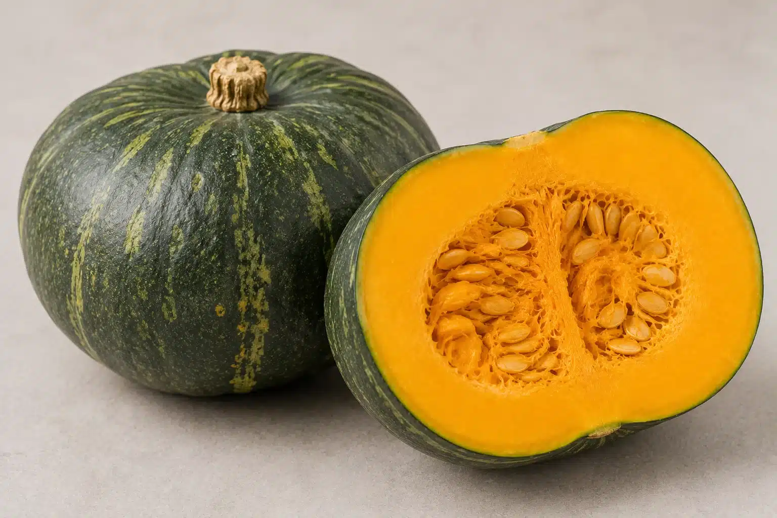 whole green kabocha squash beside halved piece revealing bright orange flesh and seeds, placed on countertop