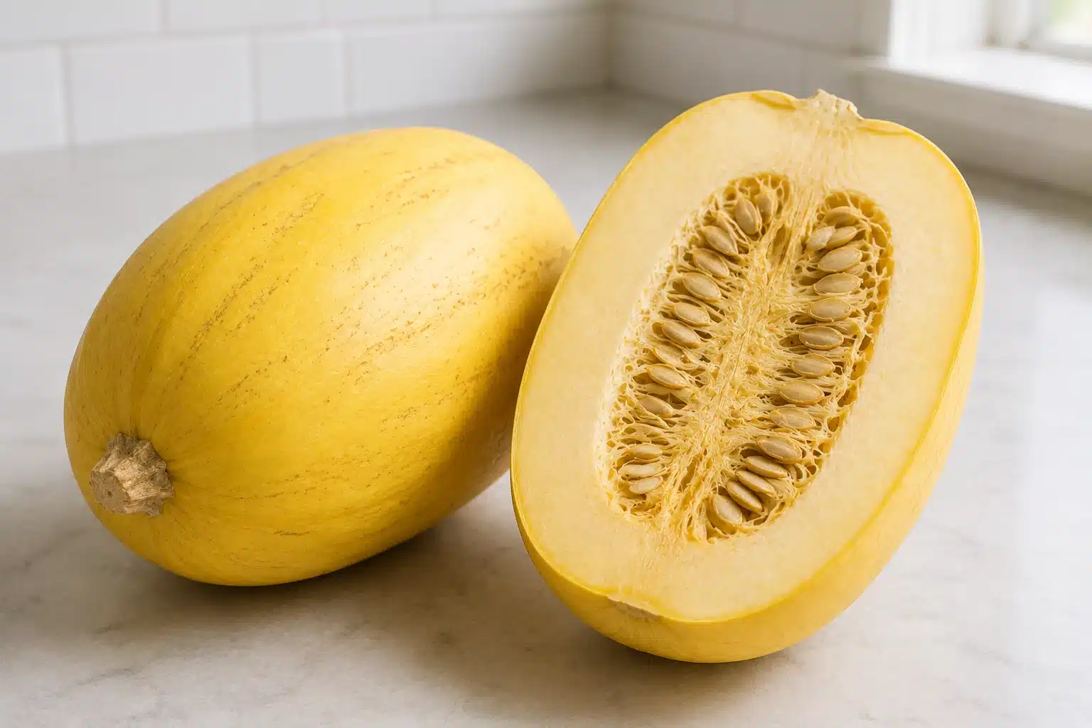whole yellow spaghetti squash beside halved piece showing pale flesh and clustered seeds, resting on kitchen countertop