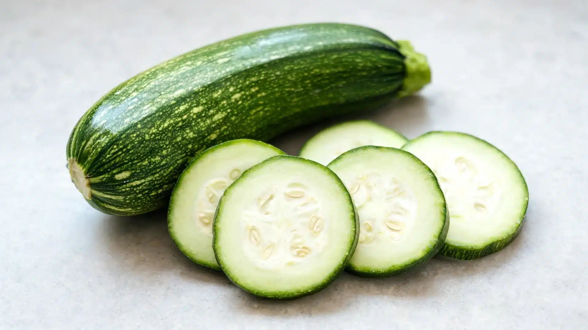 whole zucchini with green skin and several round slices arranged in front, showing interior and seeds on neutral surface