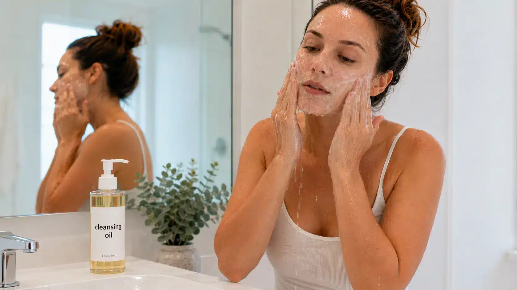 woman adds water as cleansing oil turns milky on face bottle visible
