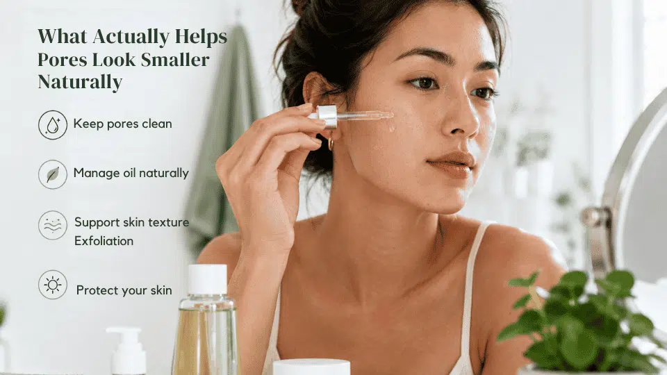 woman applying lightweight skincare to face with natural texture and visible pores2