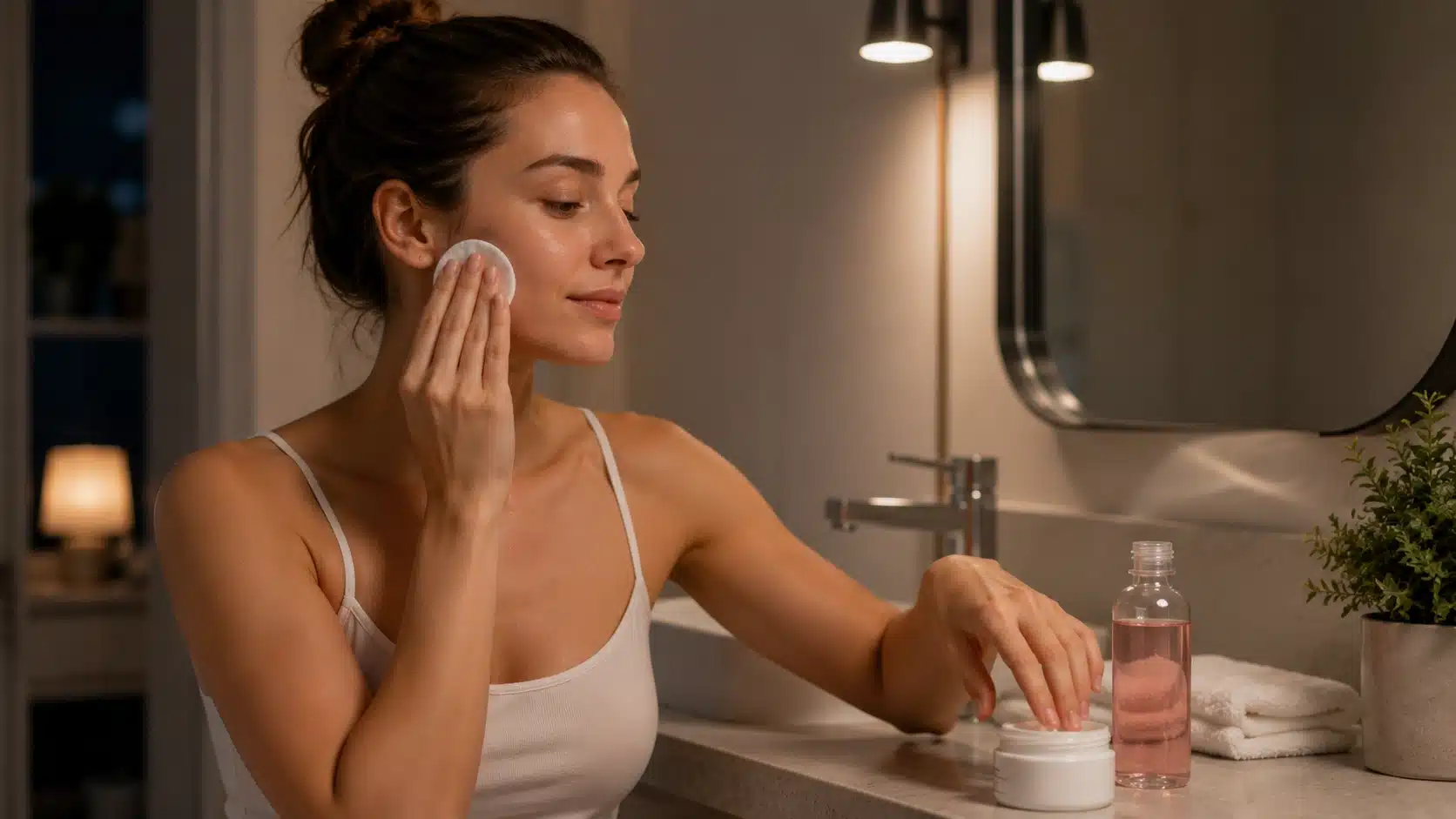 woman applying rose water before night moisturizer in a calm evening bathroom routine