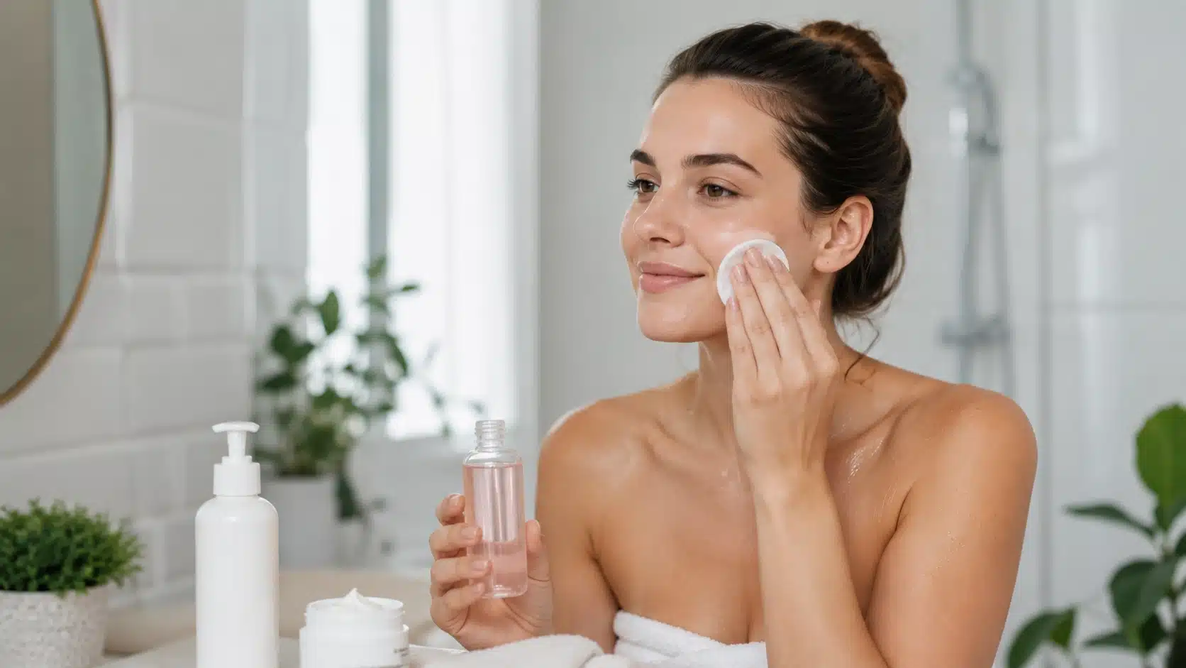 woman applying rose water toner after cleansing in a bright bathroom with moisturizer nearby