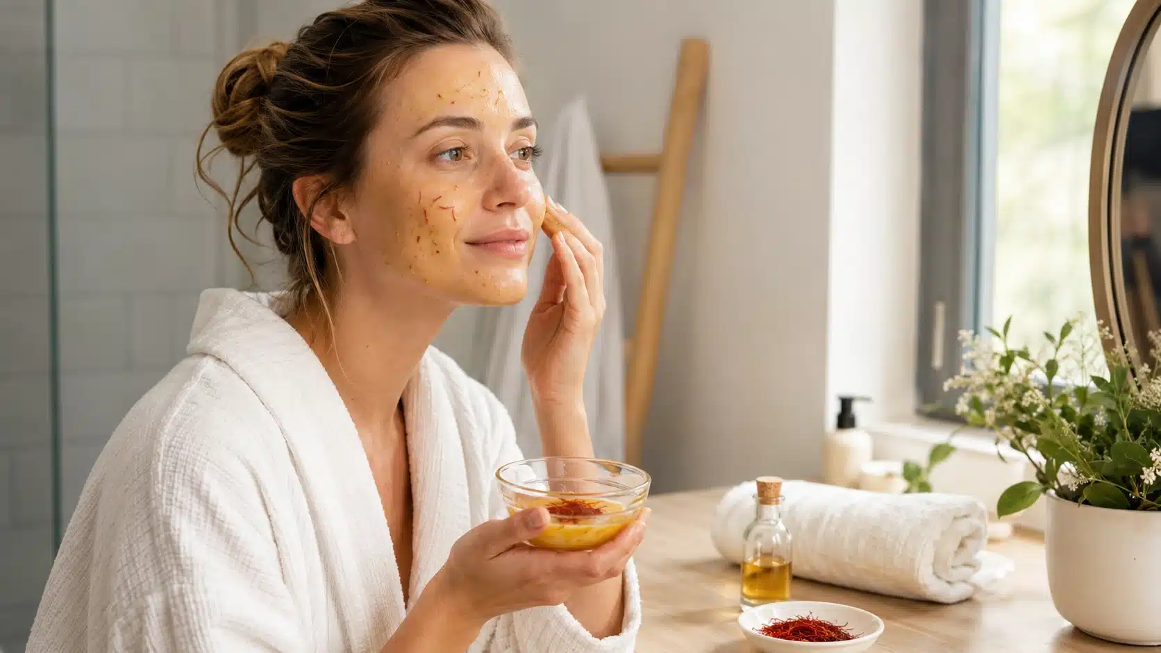 woman applying saffron face mask with skincare ingredients nearby on bathroom vanity in natural light