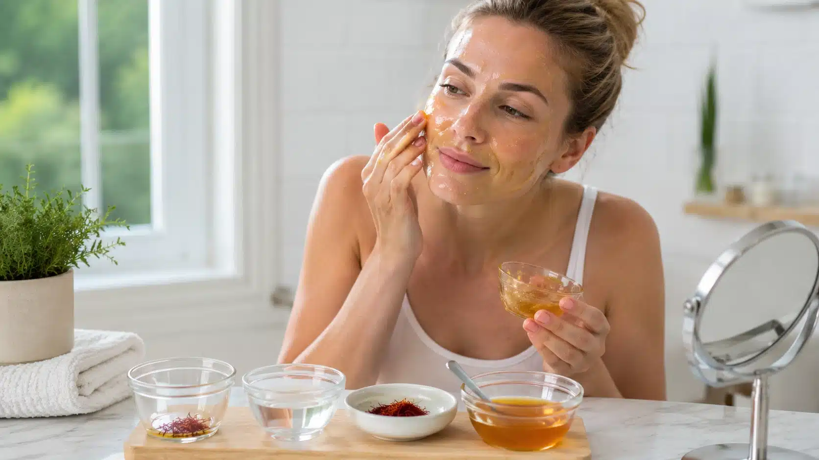 woman applying saffron honey face mask with bowls of saffron, honey, and water nearby