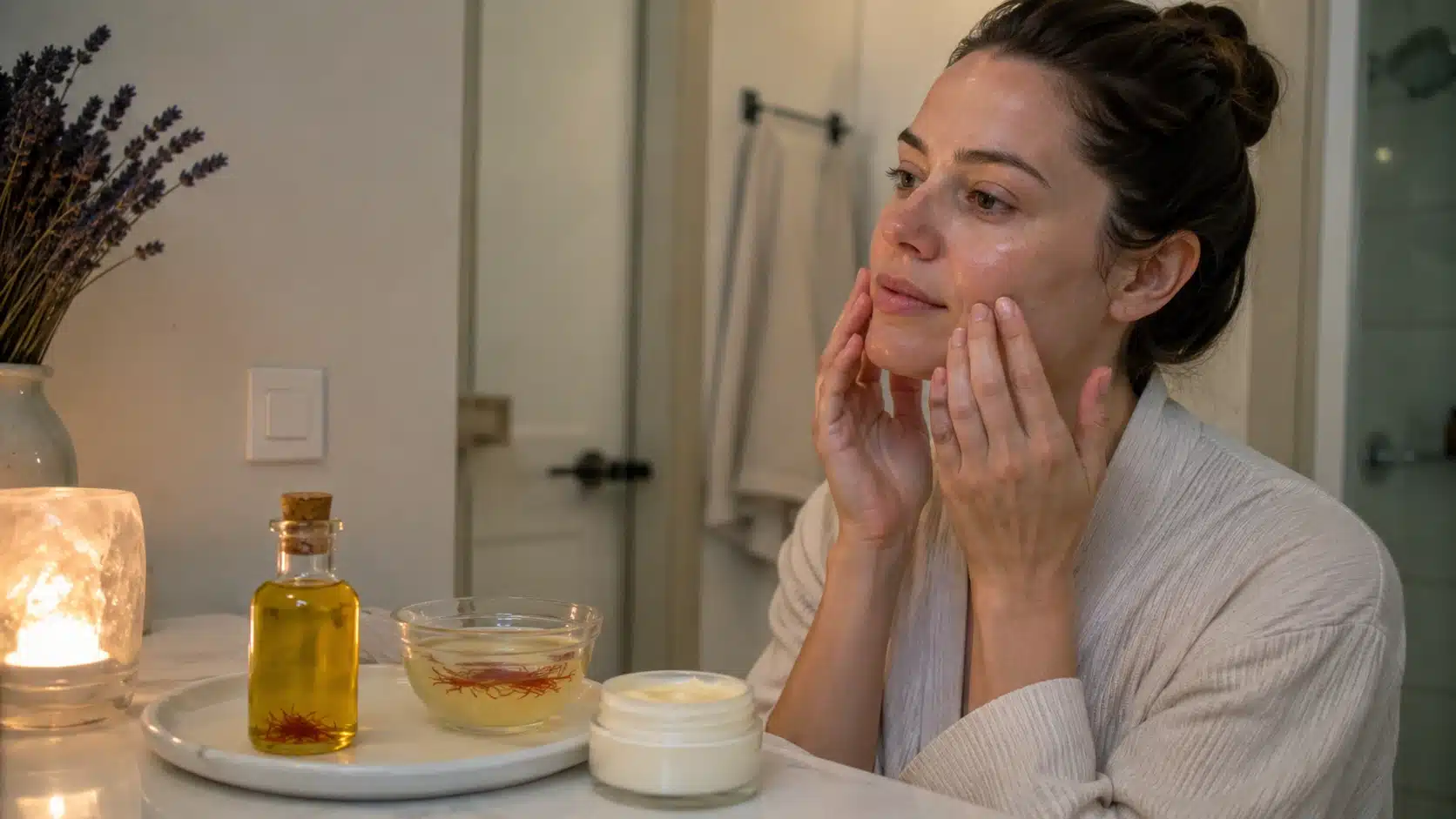 woman applying saffron infused facial oil beside moisturizer, saffron bowl, candle, and lavender in bathroom