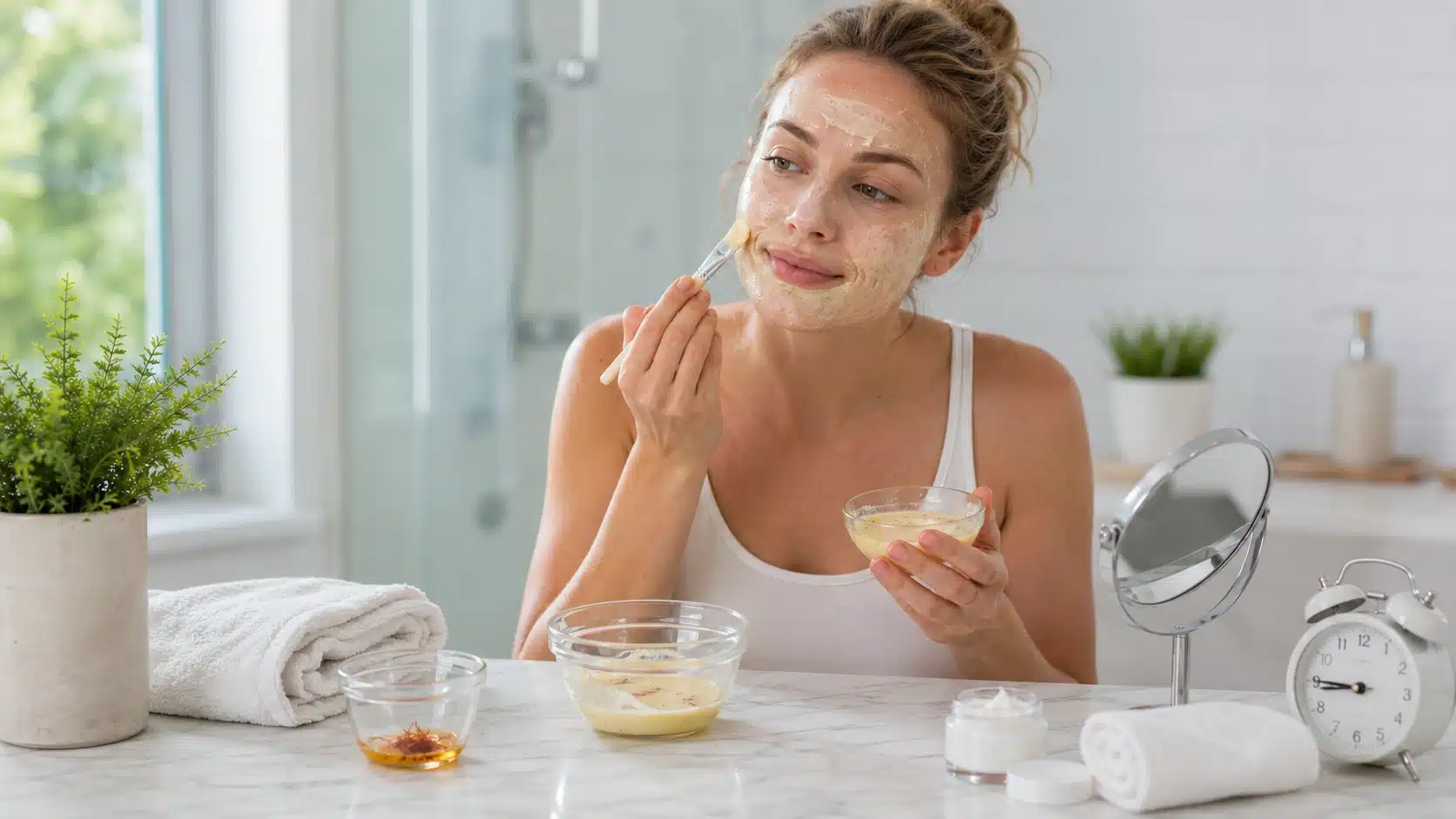 woman applying saffron yogurt mask with brush, bowls, moisturizer, towel, plant, mirror, and bathroom setting