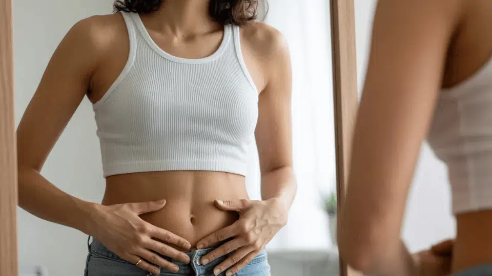 woman checking her abdomen in a mirror with both hands placed on her stomach area