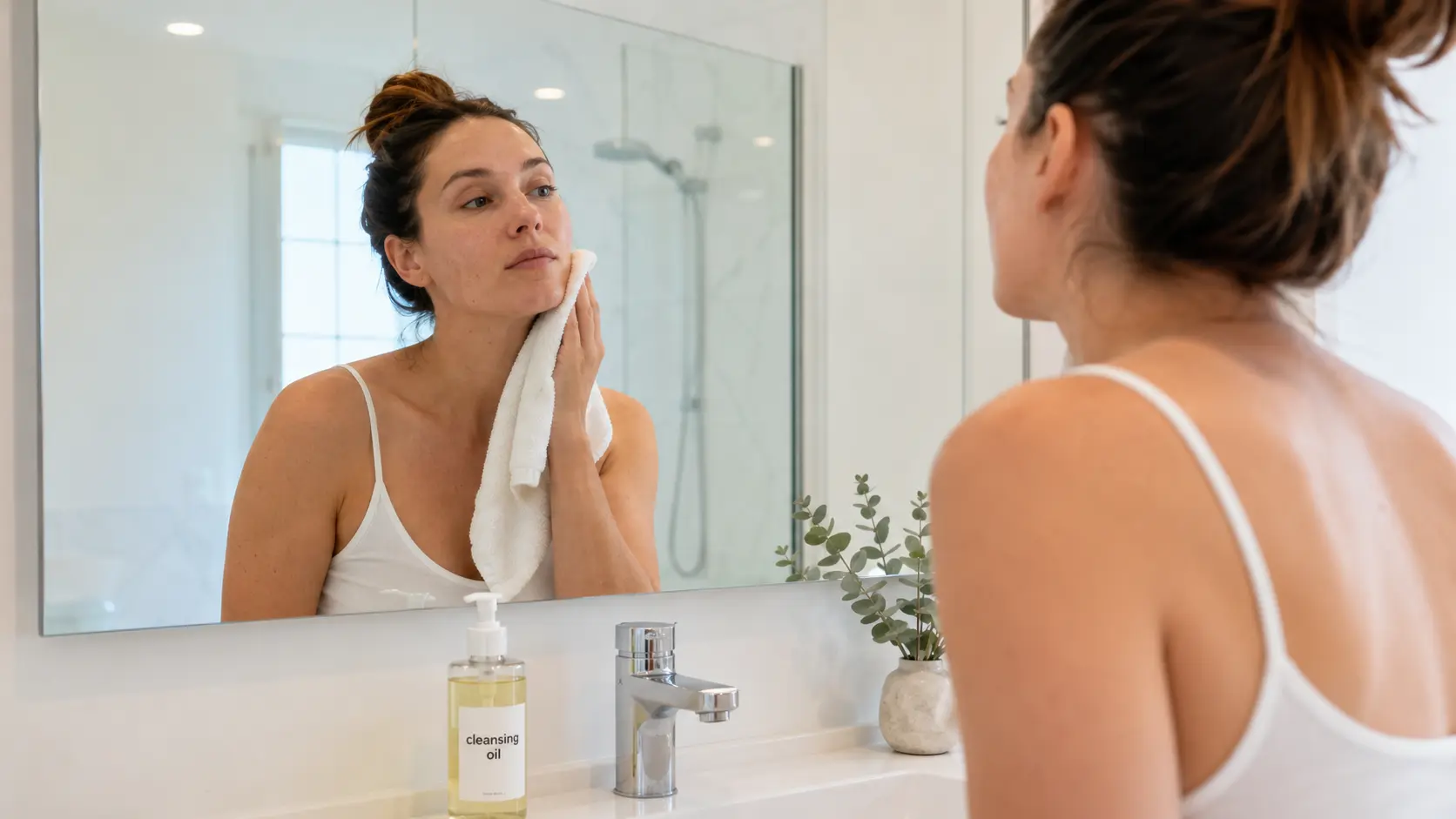 woman checks dry face with towel before using cleansing oil bottle on sink