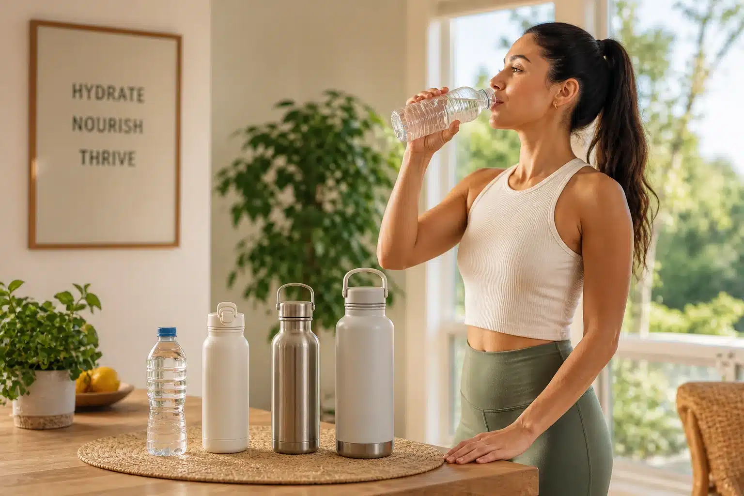 woman drinking water beside table with multiple reusable bottles of different sizes in bright sunlit room