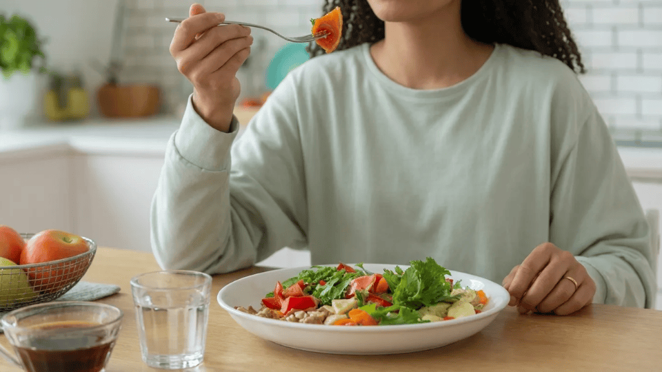 woman eating a healthy colorful meal with vegetables and water after breaking her fast at home