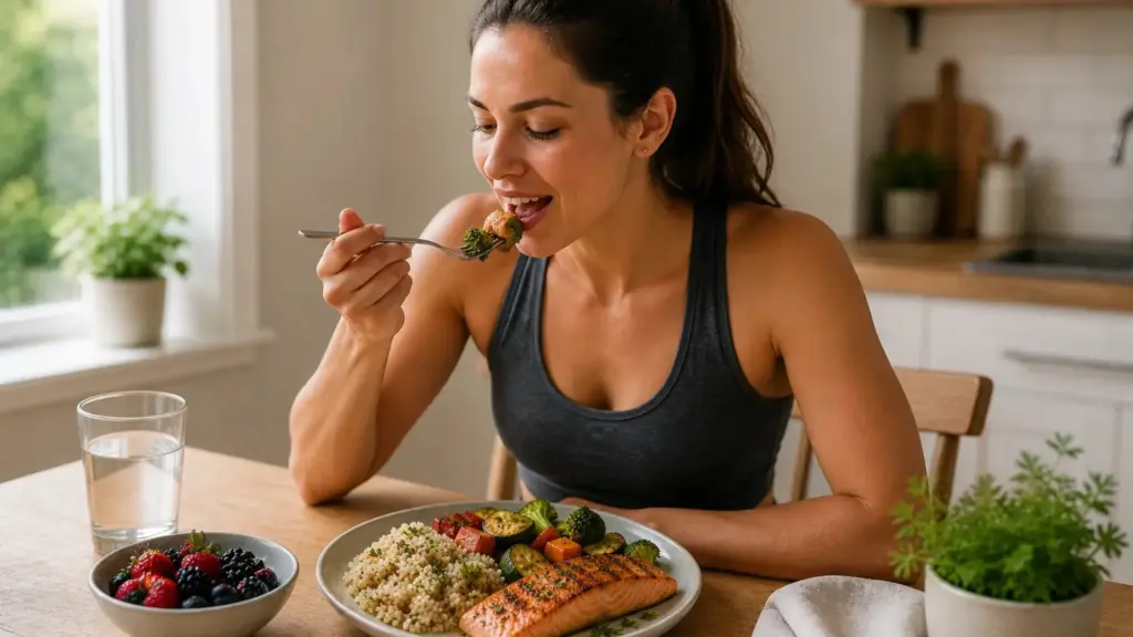 woman eating salmon, quinoa, and roasted vegetables at wooden table with berries and water, bright natural kitchen light (1)