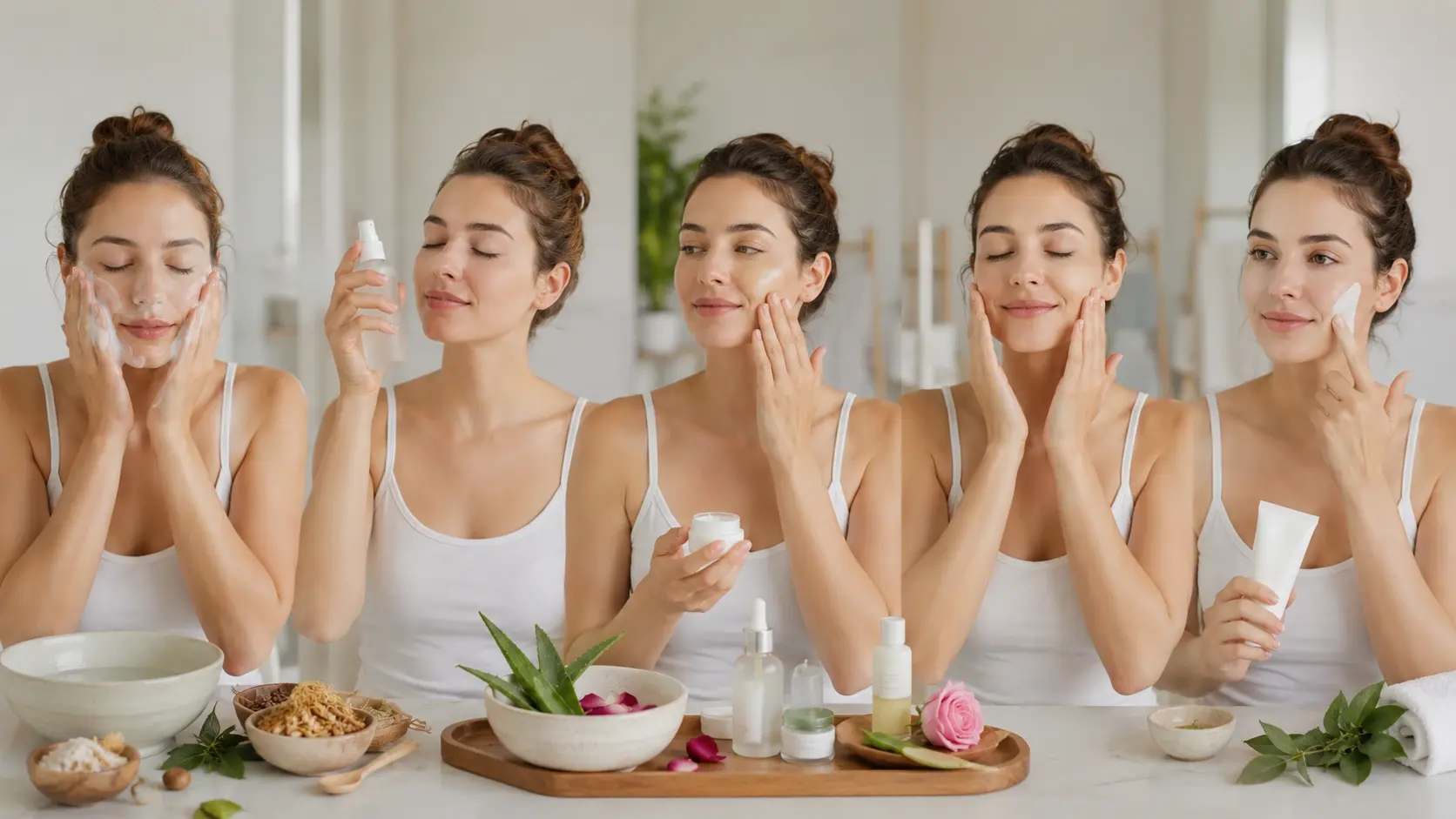 woman following five step morning ayurvedic skincare routine with cleansing toner moisturizer massage and sunscreen
