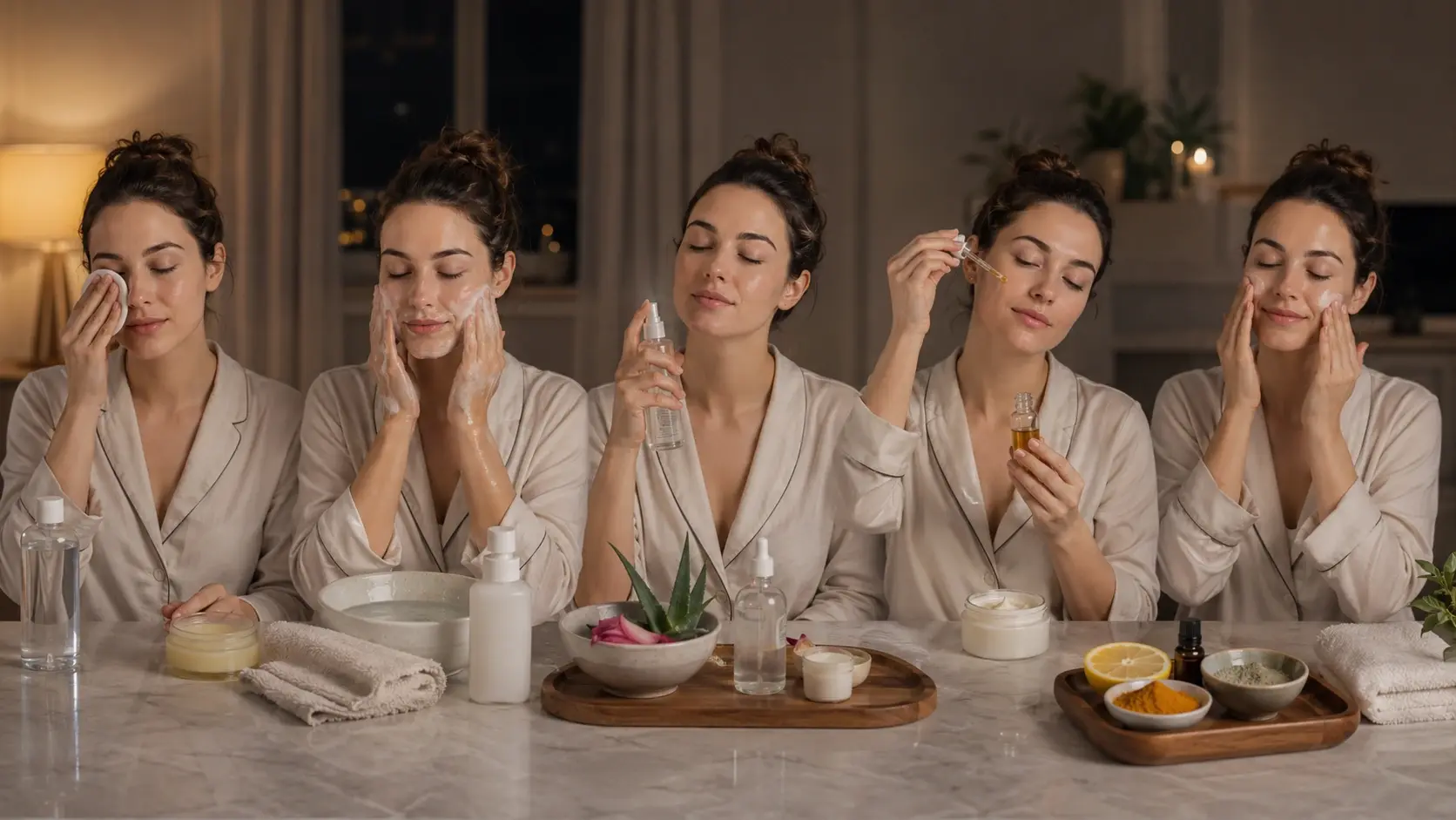 woman follows nighttime skincare routine removing makeup cleansing applying serum oil and moisturizer before sleep