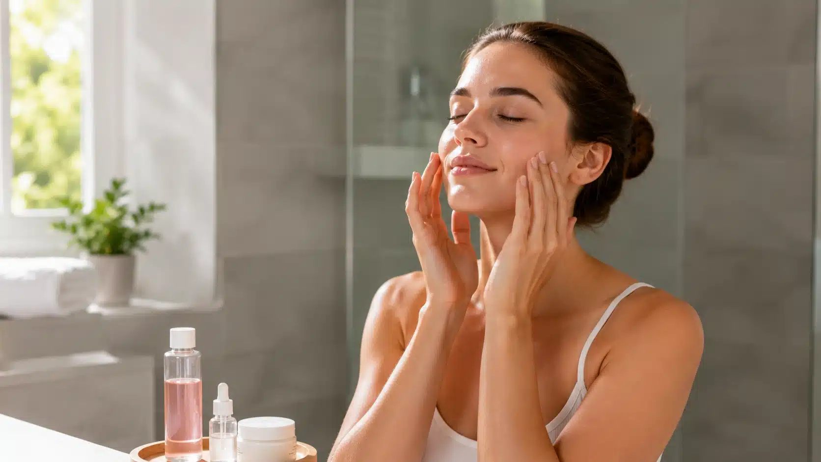 woman gently massages cheeks with upward strokes in bright bathroom with skincare products nearby
