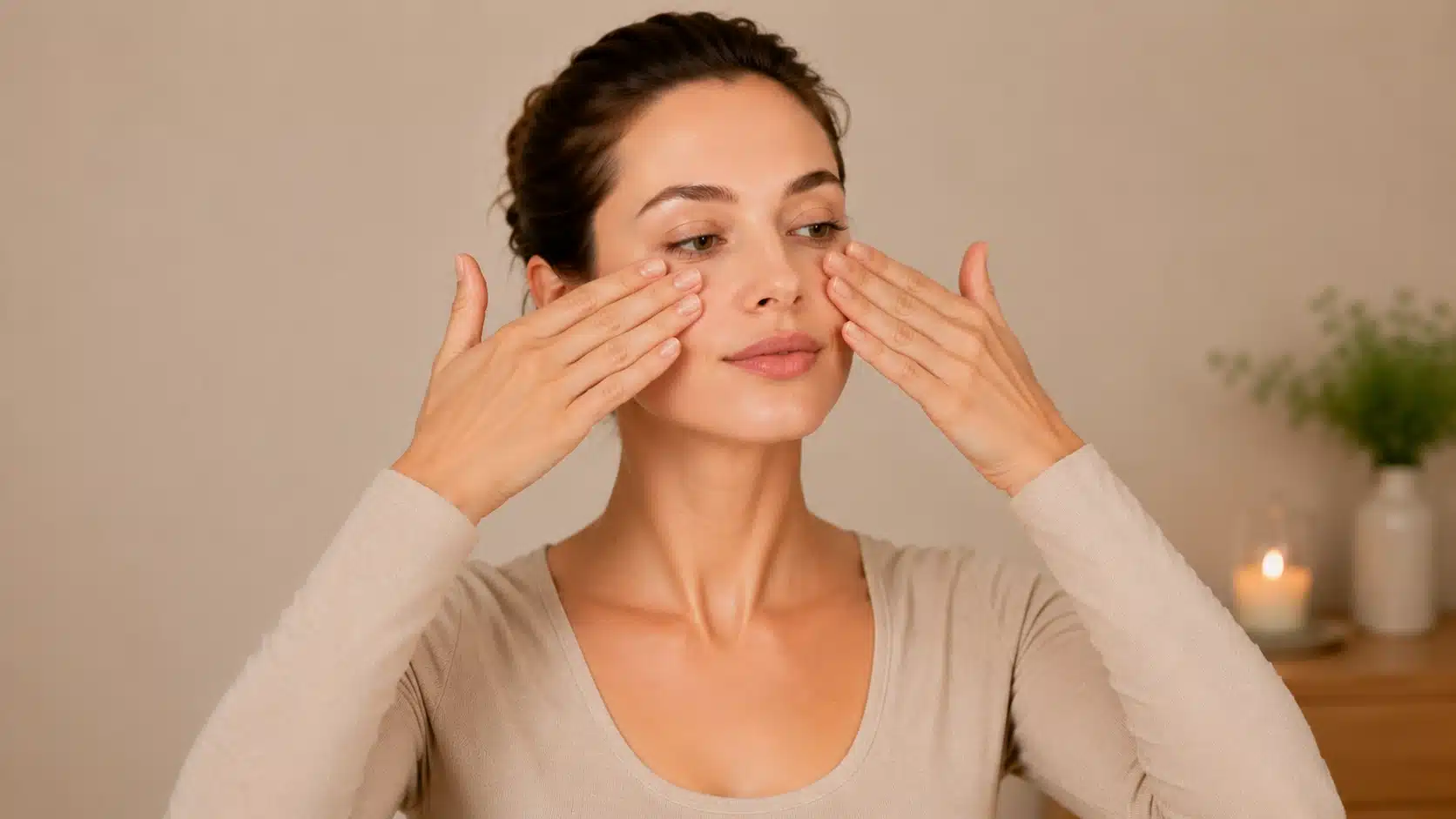 woman gently massaging her cheeks while looking aside in a calm skincare routine setting