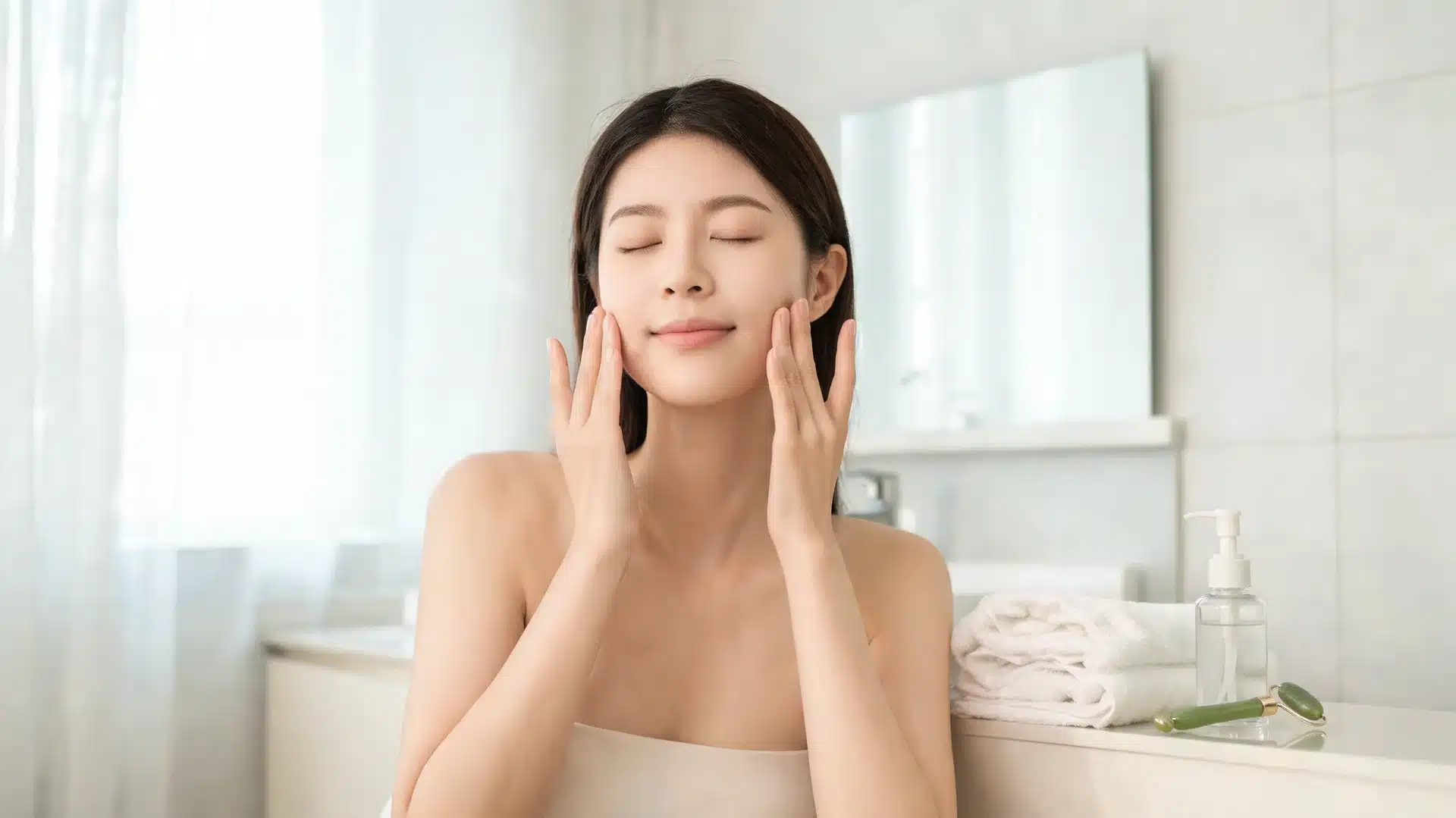woman gently massaging her face near skincare products, gua sha tool, and face roller