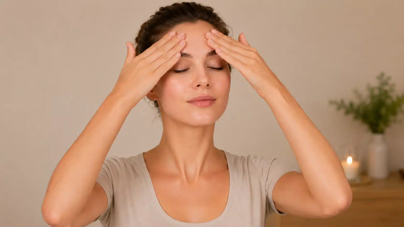 woman gently massaging her forehead with closed eyes in a calm skincare setting with soft light