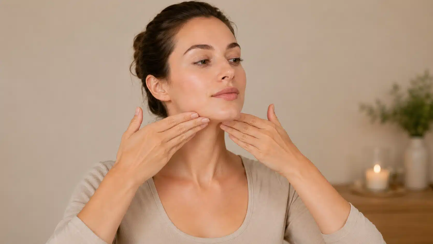 woman gently massaging her jawline in a calm skincare routine with soft spa background