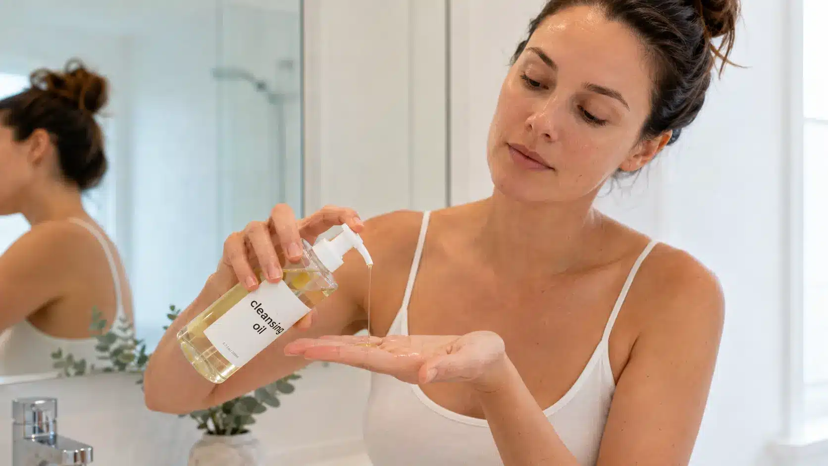 woman holds cleansing oil bottle and pours oil into palm