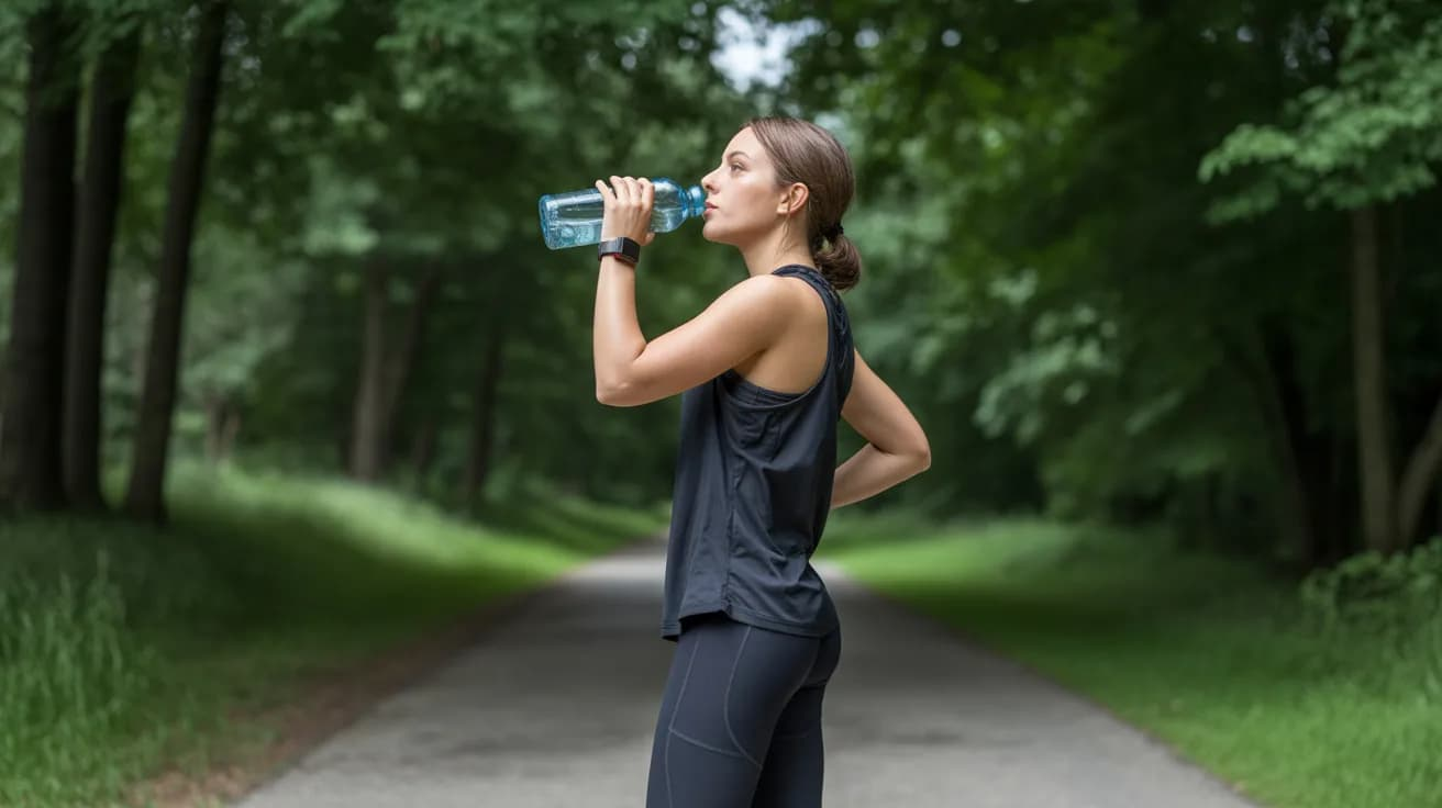 Woman in athletic wear drinks water on a forest path. She stands with hand on hip exuding a sense of refreshment