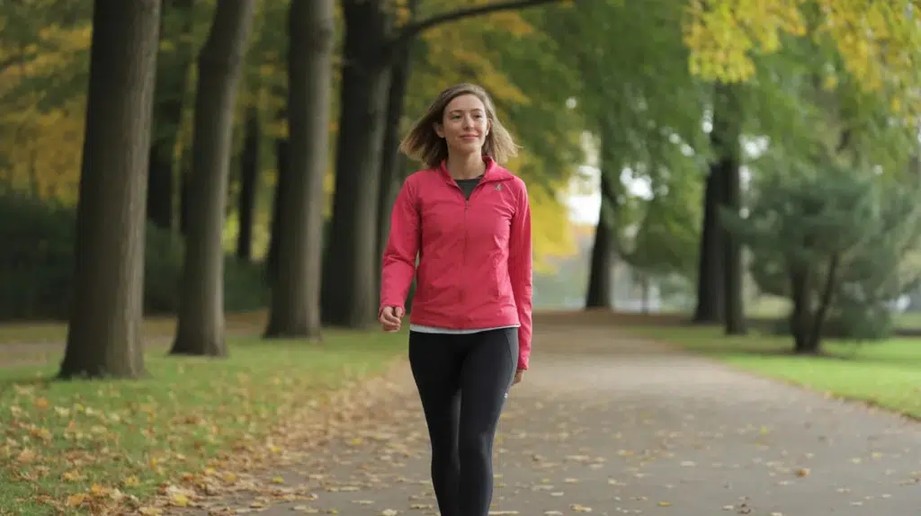 Woman in pink jacket walking after eating on a tree-lined path in a park, with fallen leaves scattered around.