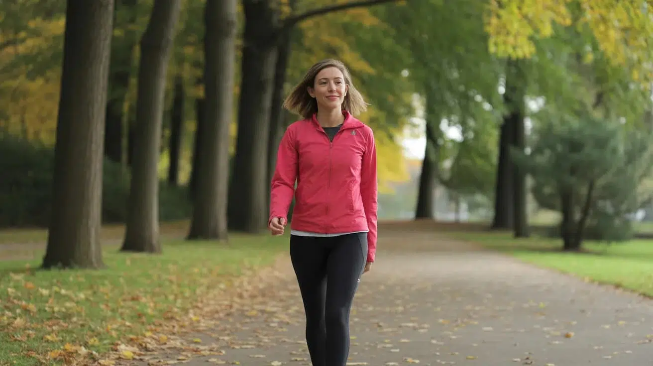 Woman in pink jacket walking after eating on a tree-lined path in a park, with fallen leaves scattered around.