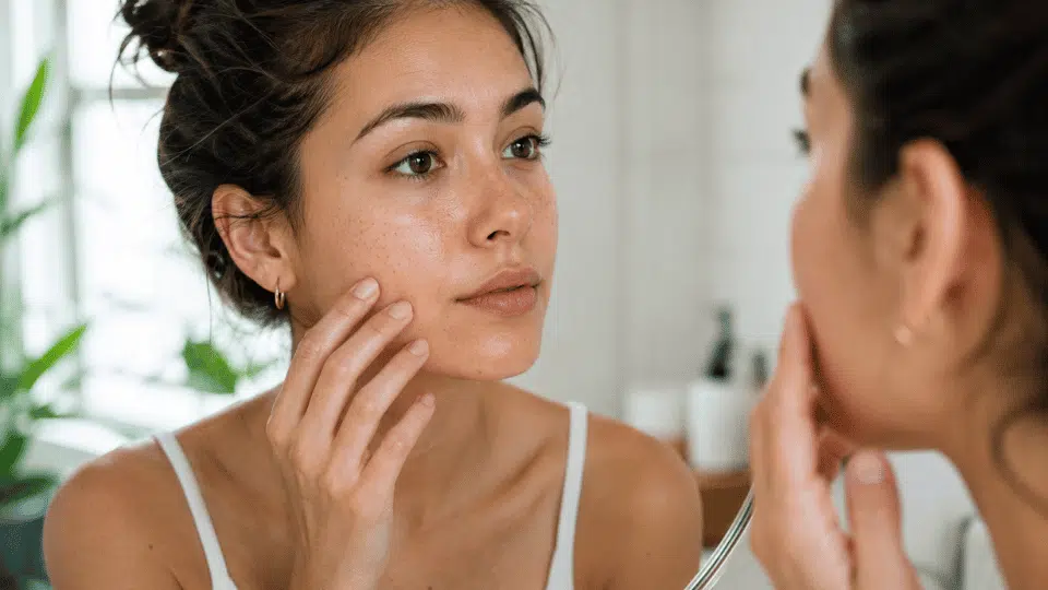 woman looking in mirror with natural skin texture and visible pores in soft morning light
