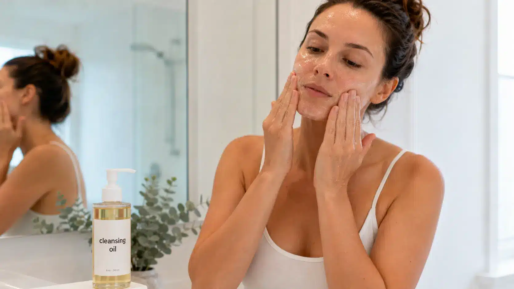 woman massages cleansing oil into face with bottle visible on sink