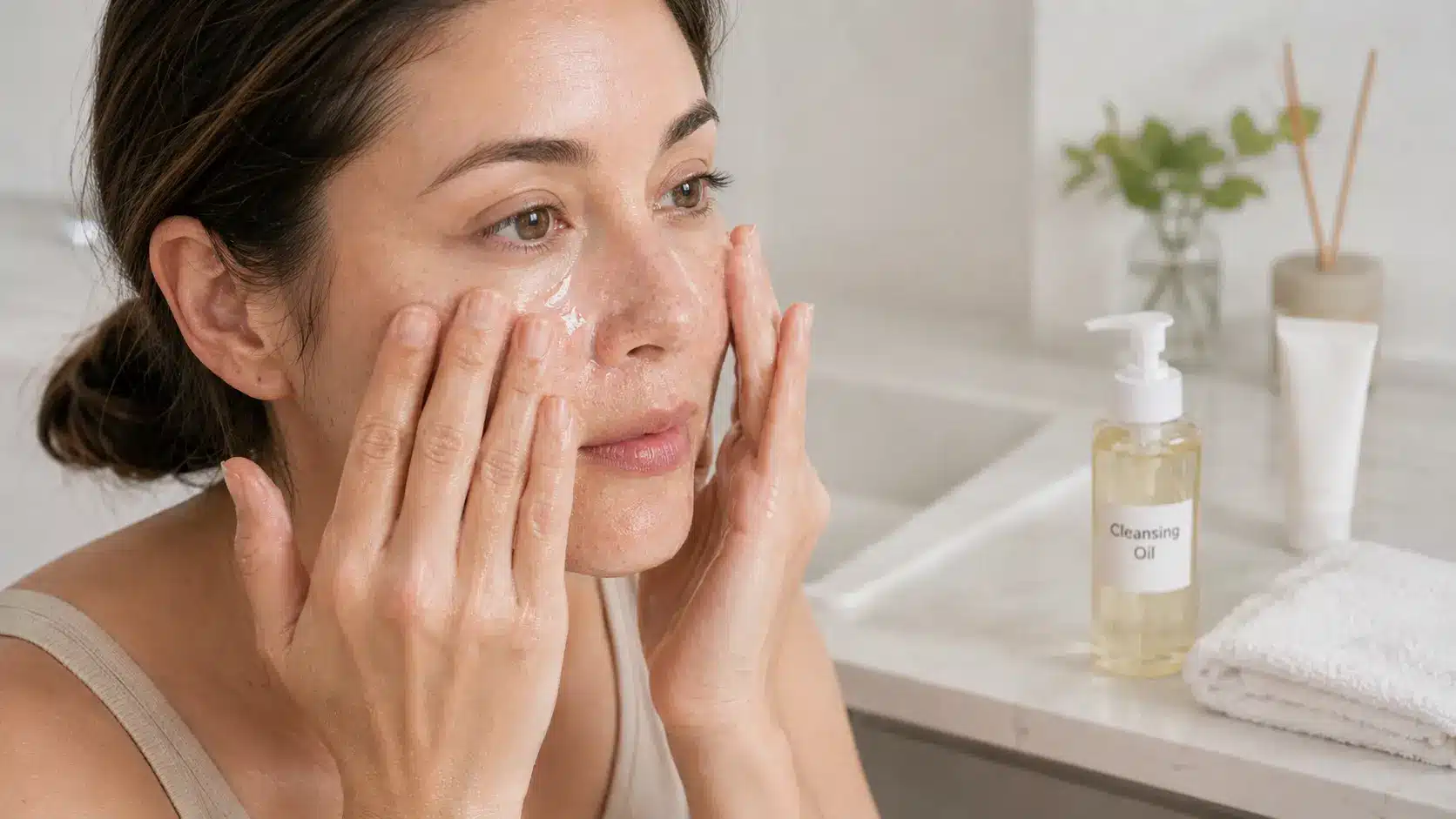 woman massaging cleansing oil onto her face beside a labeled cleansing oil bottle, sunscreen tube, and white towel in a bright bathroom