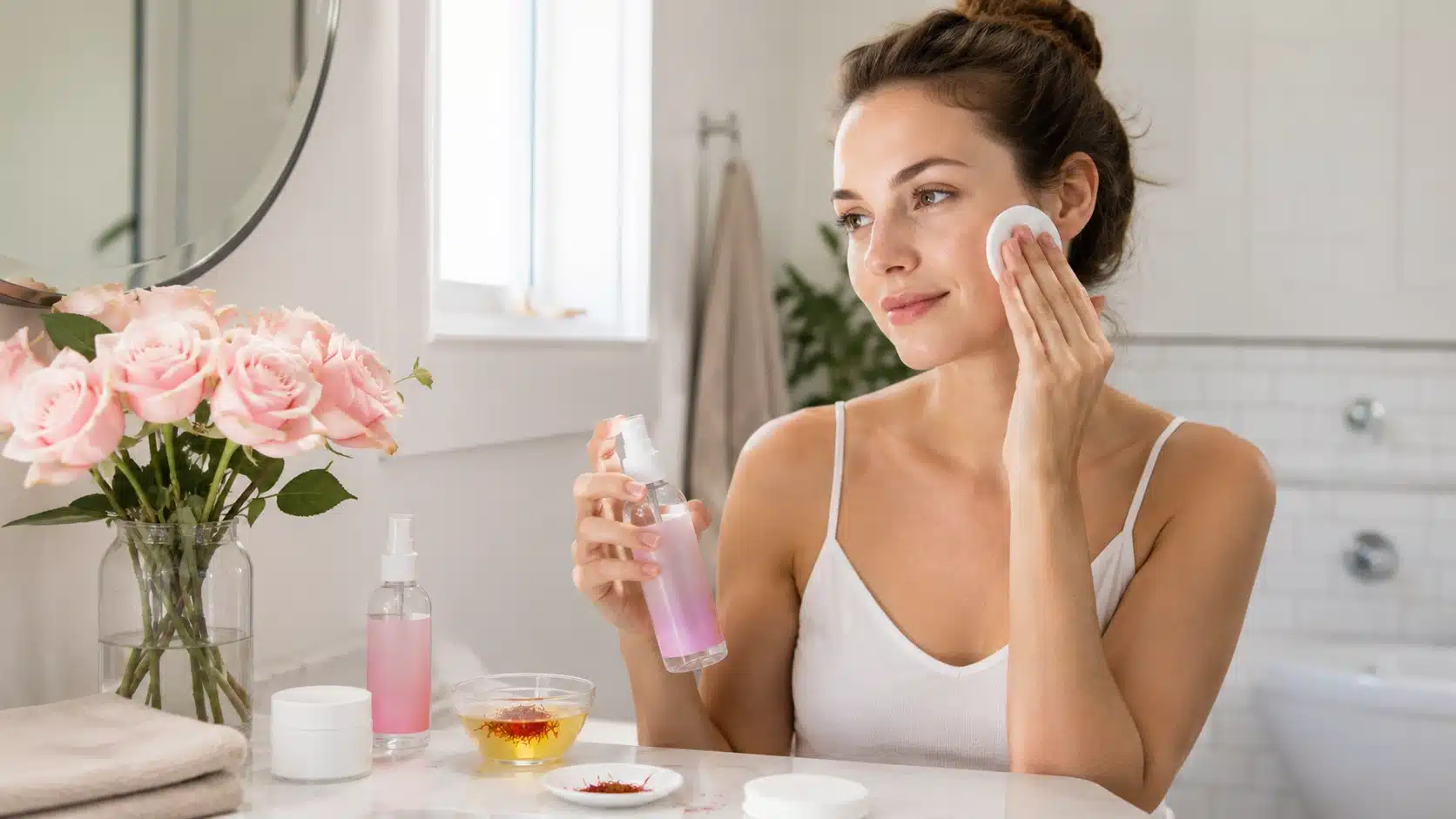 woman spraying saffron rose water toner beside bowl, moisturizer, plant in bright bathroom mirror setting