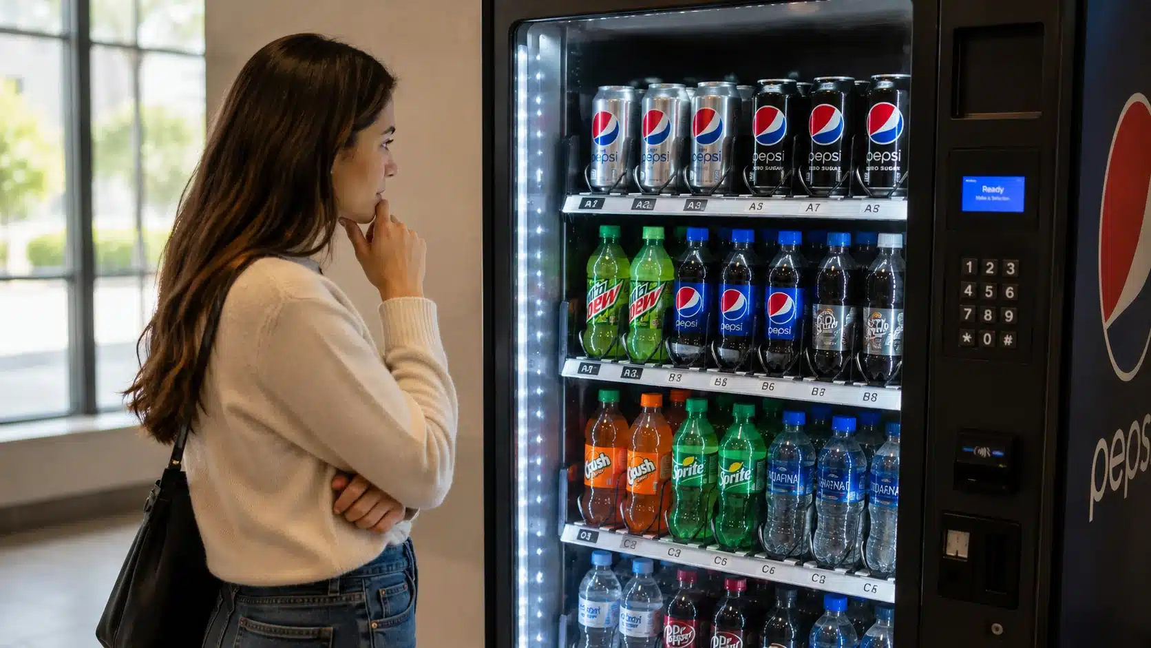 woman standing in front of a pepsi vending machine comparing diet pepsi and pepsi zero sugar before making a selection