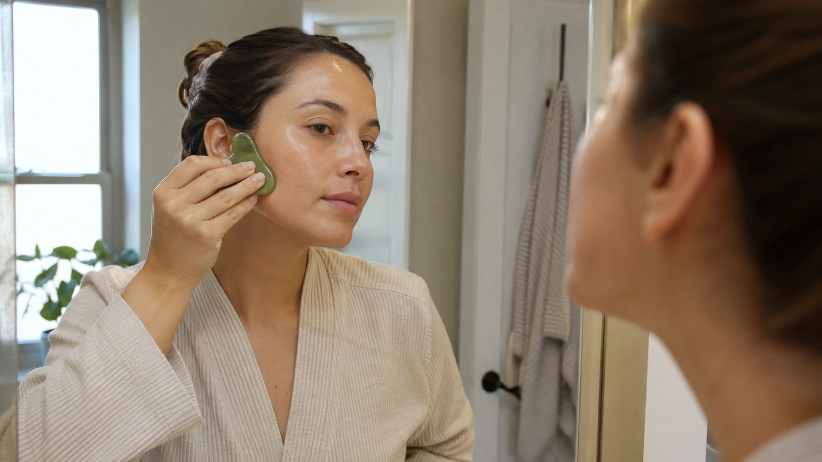 woman uses a green gua sha tool on her cheek while looking in the bathroom mirror during skincare routine