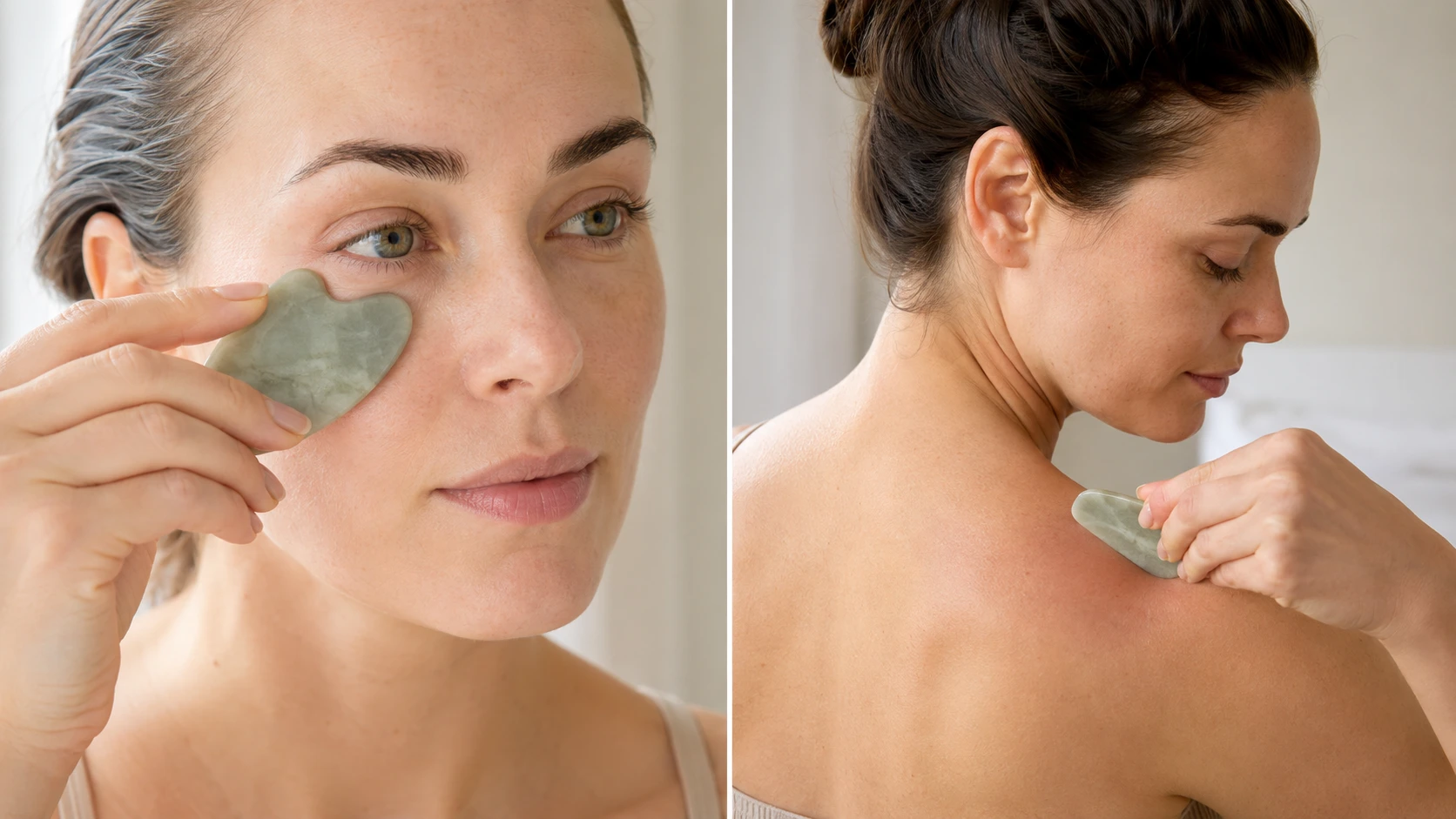 woman uses a jade gua sha tool under her eye and across her shoulder for facial and body skincare massage