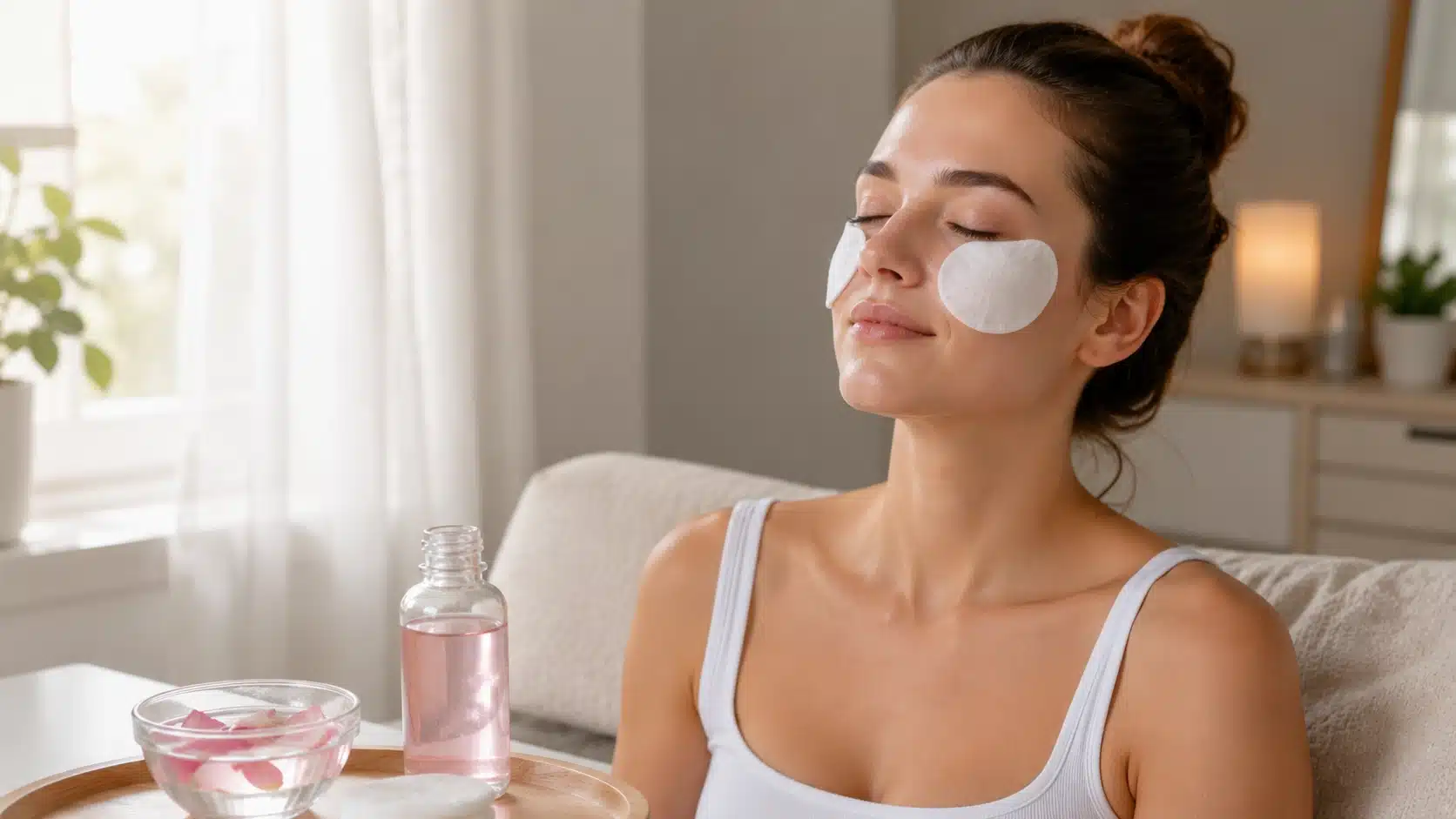 woman using chilled rose water cotton pads on her face for a cooling skin compress