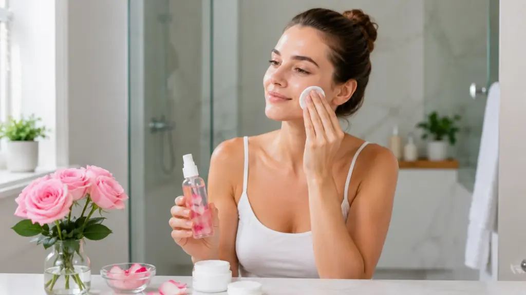 woman using rose water spray beside roses, cotton pads and moisturizer in bright bathroom setting