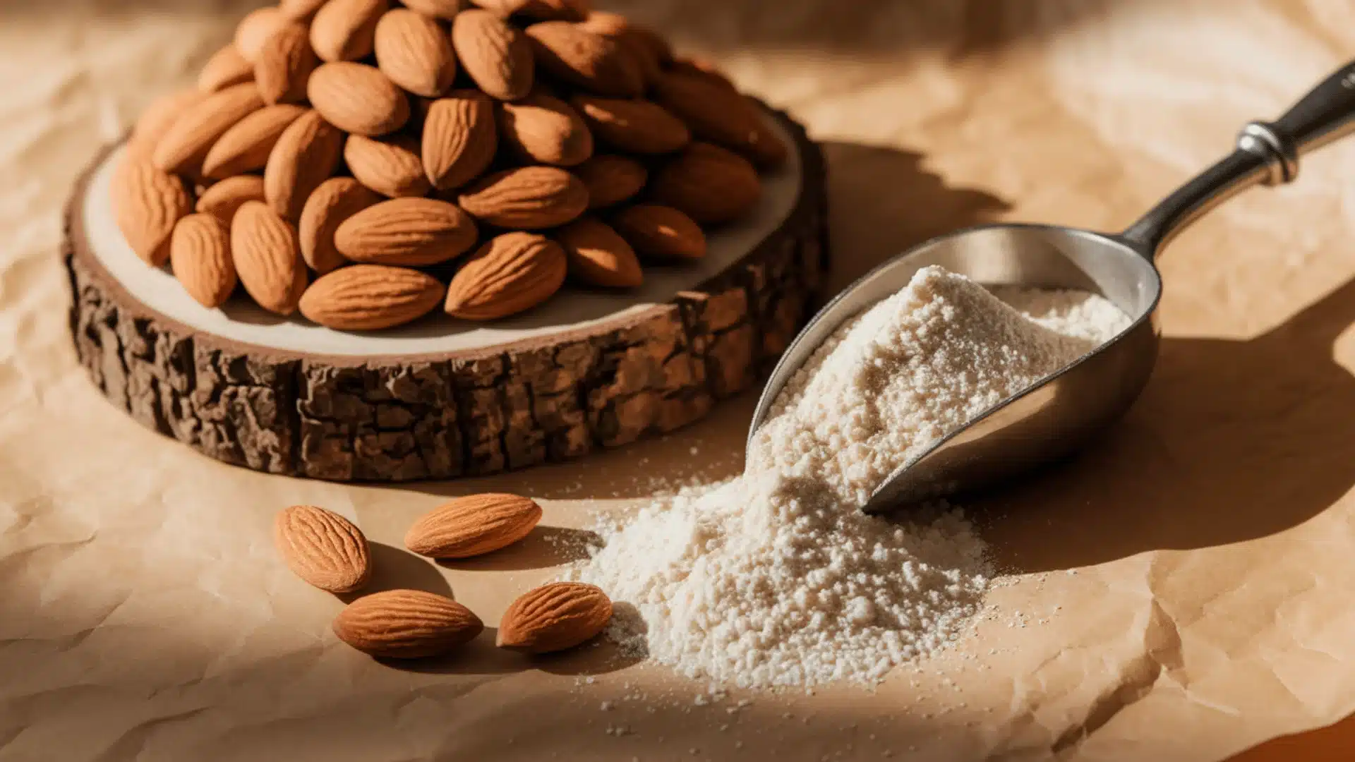 wooden surface upon which a pile of almonds is present adjacent to the almonds, there's a metal scoop filled with a fine, granulated substance