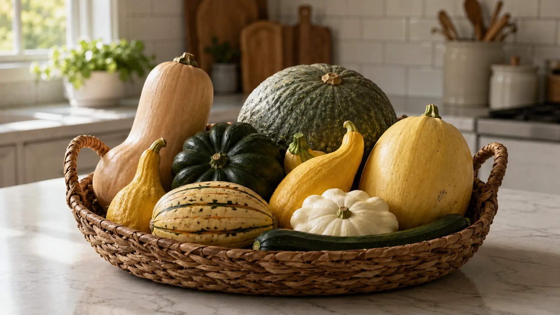 woven basket filled with assorted raw squash varieties on a kitchen counter with soft lighting and kitchen background