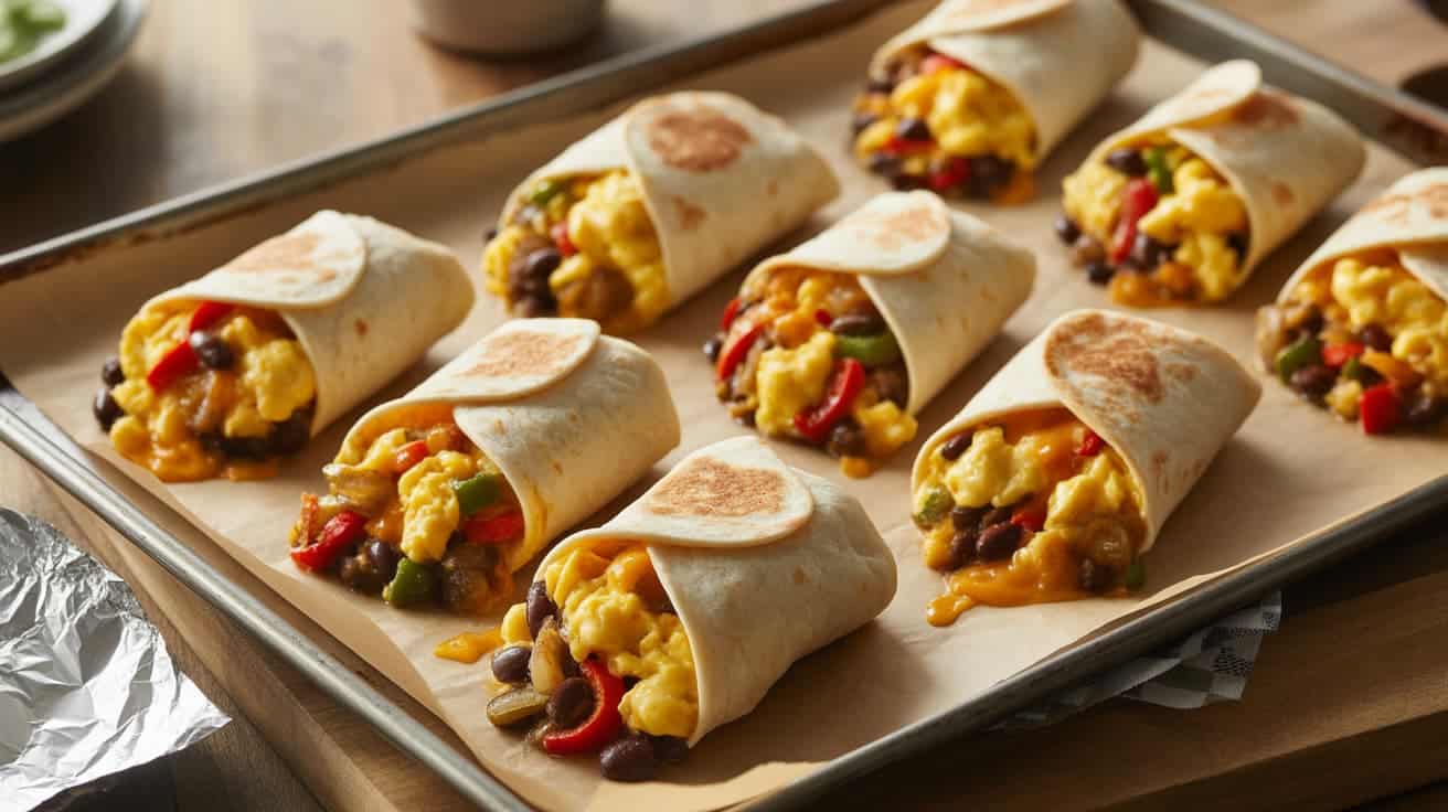 wrapped breakfast burritos with eggs, beans, cheese, and veggies