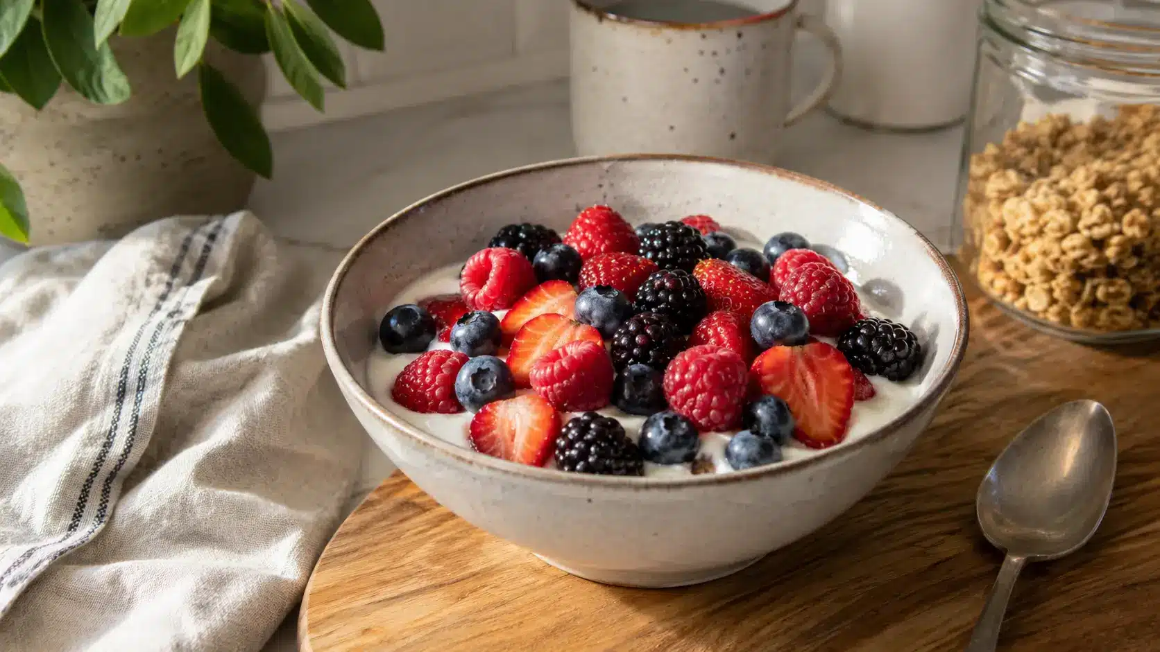 yogurt bowl with strawberries blueberries raspberries and blackberries