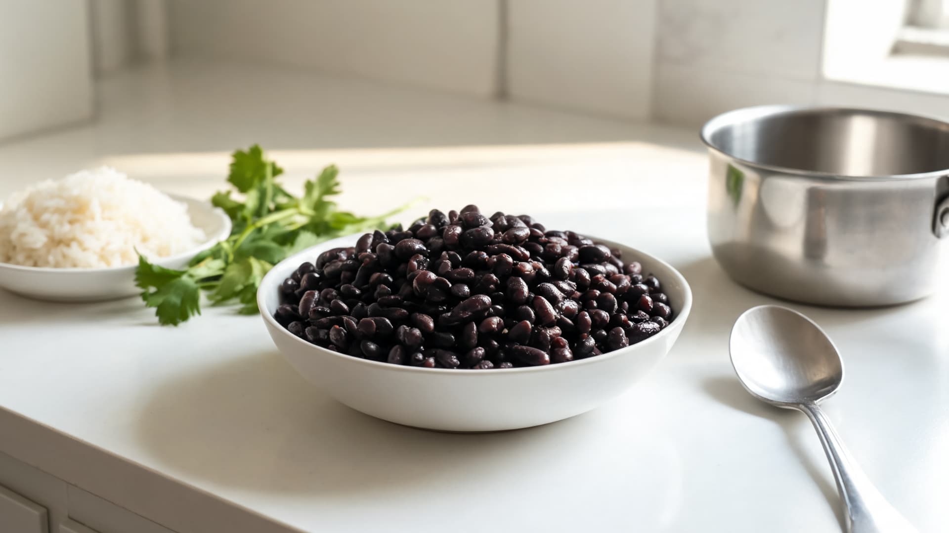 a bowl of black beans with rice, cilantro, a pot, and spoon on a bright white kitchen counter
