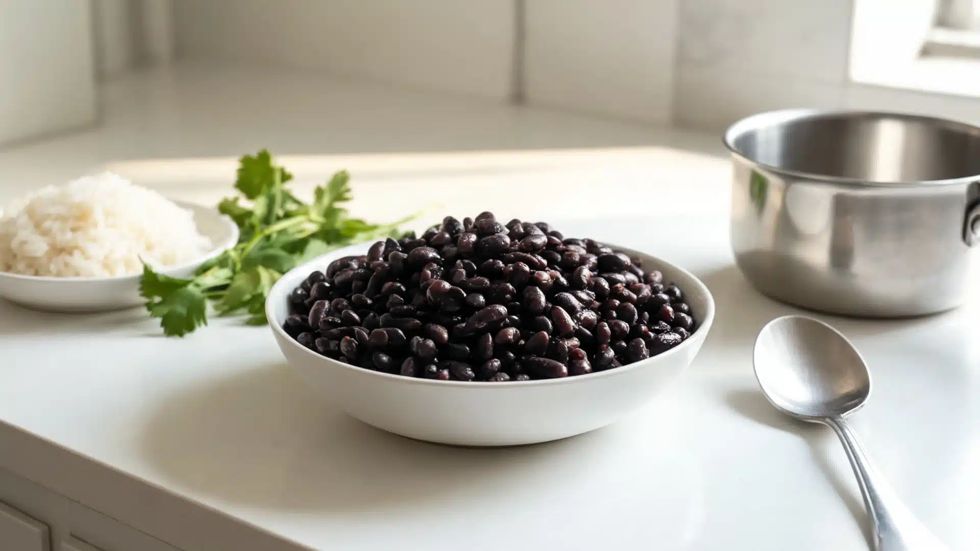 a bowl of black beans with rice, cilantro, a pot, and spoon on a bright white kitchen counter