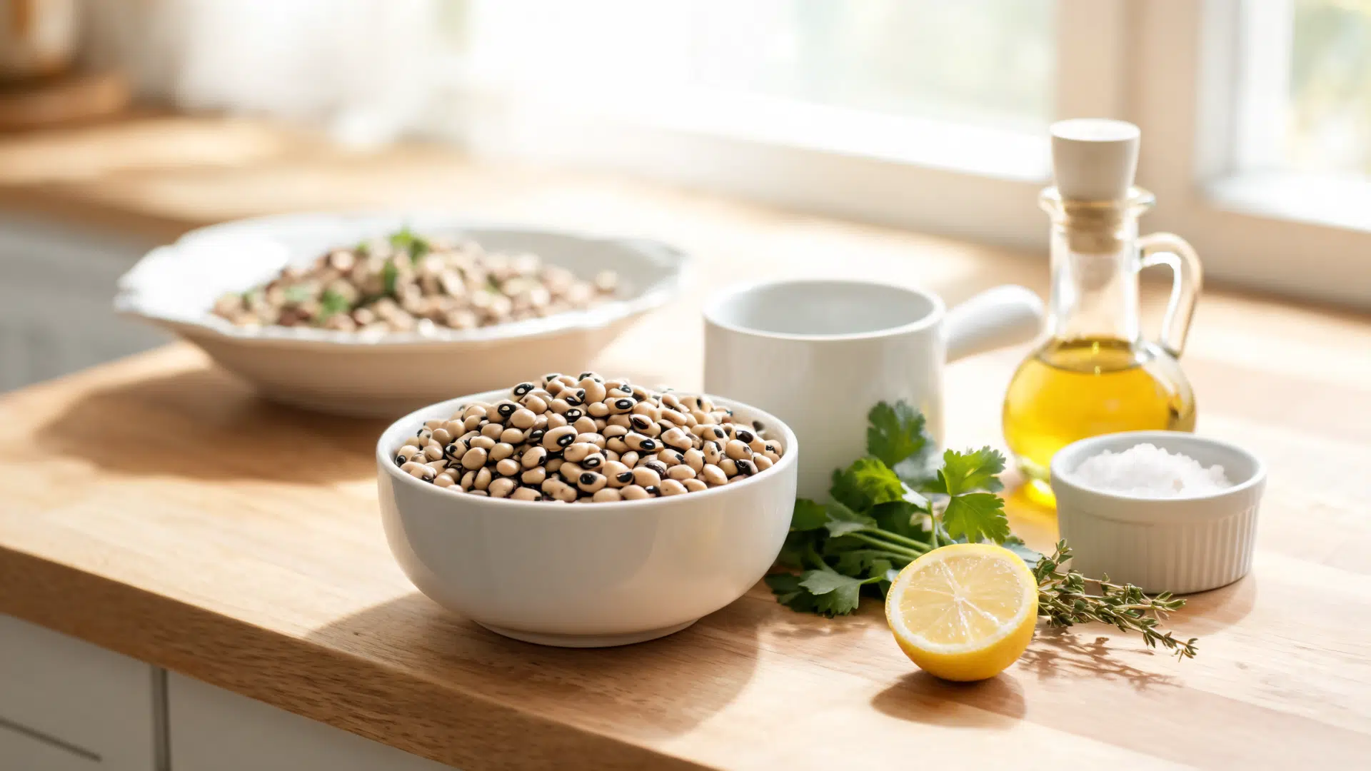 a bowl of black-eyed peas with lemon, herbs, olive oil, and salt on a sunny wooden kitchen counter
