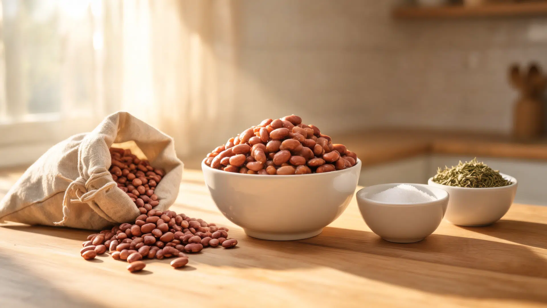 a bowl of cooked pinto beans with dry beans, salt, and herbs on a warm wooden kitchen counter