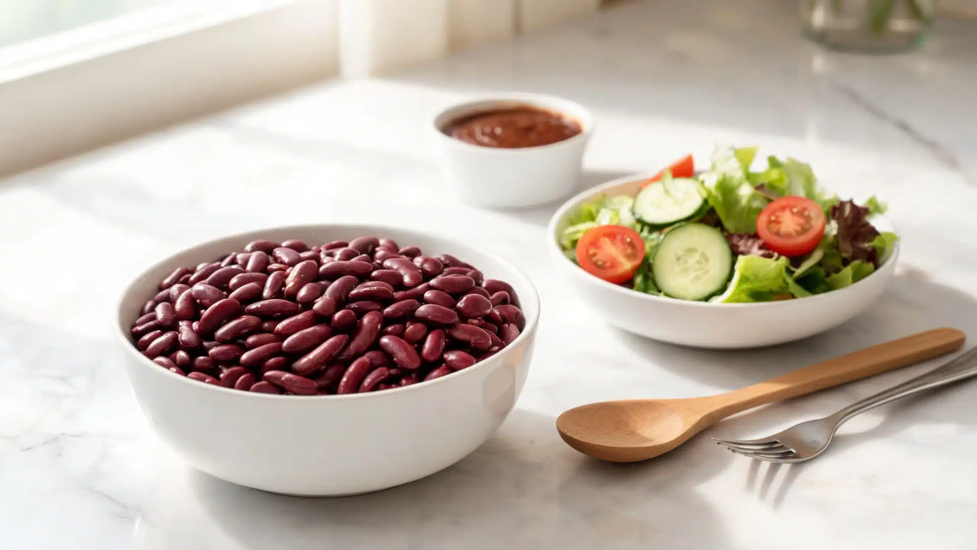 a bowl of red kidney beans served with fresh salad, sauce, and utensils on a marble counter