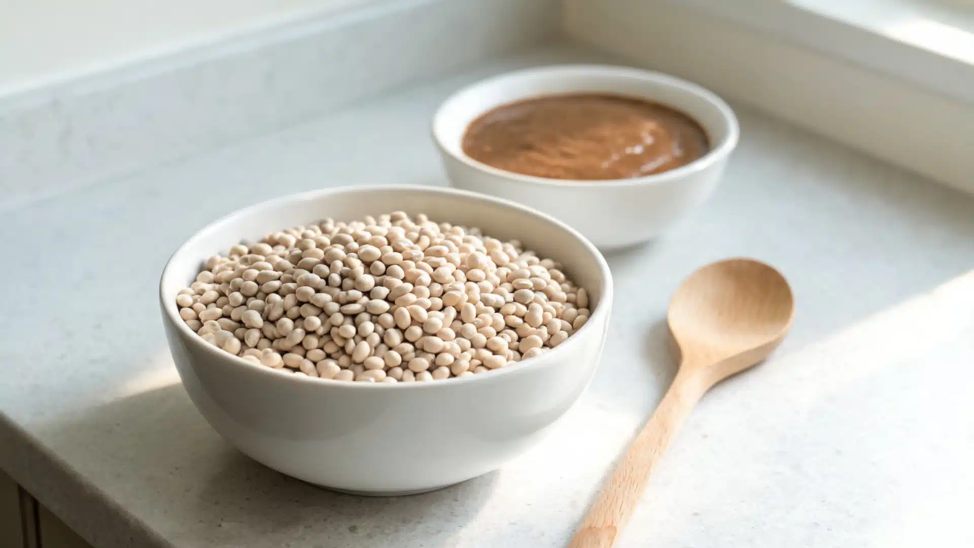 a bowl of white beans with a creamy bean dip and wooden spoon on a bright kitchen counter