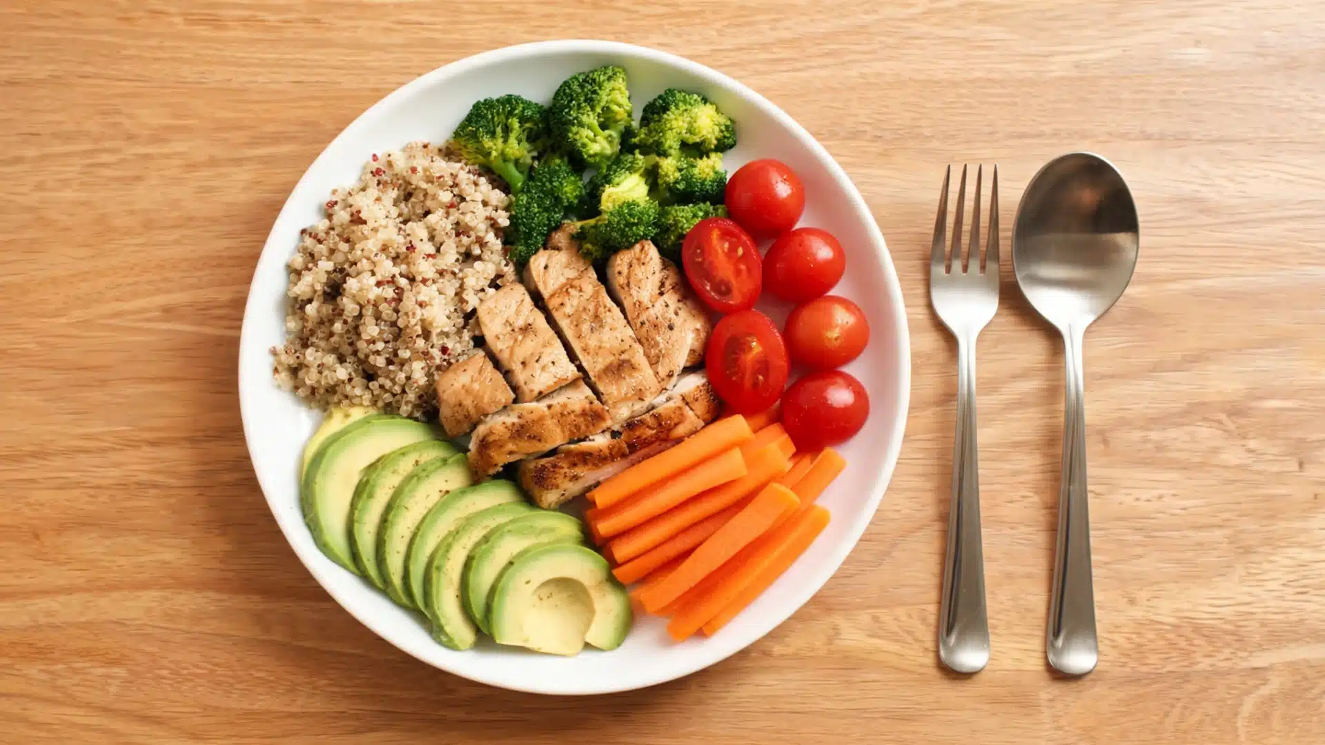 a healthy balanced meal bowl with grilled chicken, quinoa, broccoli, cherry tomatoes, avocado slices, and carrot sticks served on a wooden table with cutlery on the side