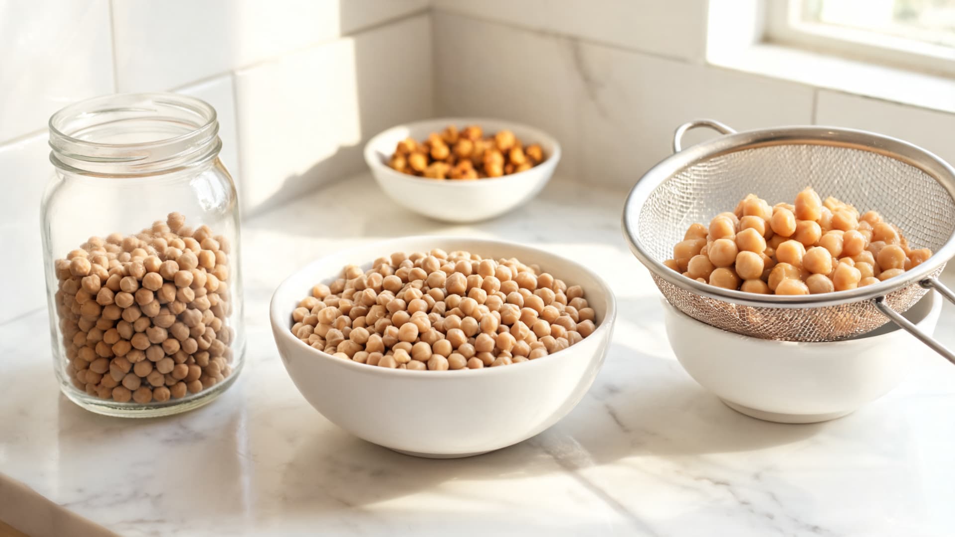 a kitchen counter with dry chickpeas in a jar, soaked chickpeas in a bowl, and rinsed chickpeas in a strainer